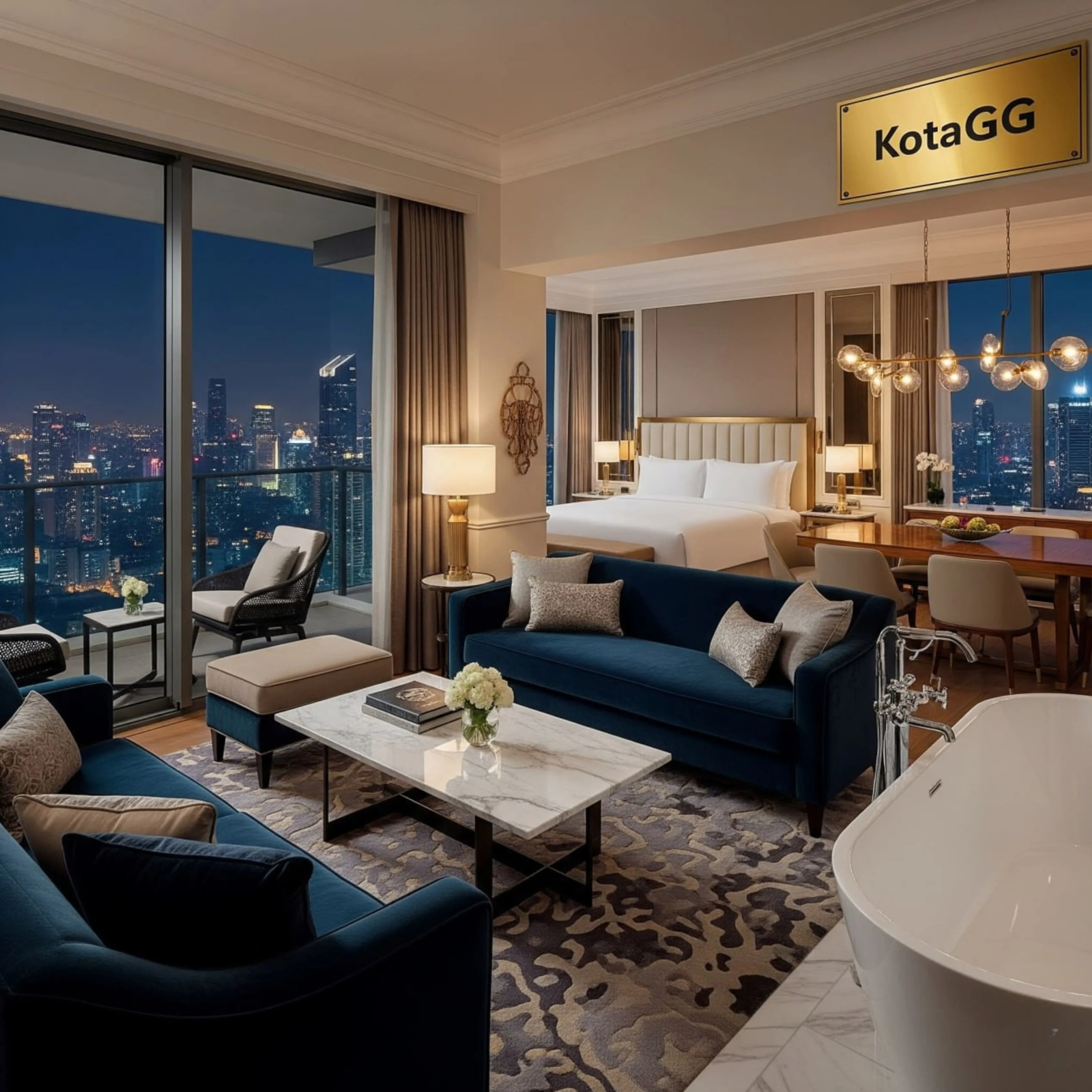 Skyline Suite dengan ruang tamu dan view gedung pencakar langit